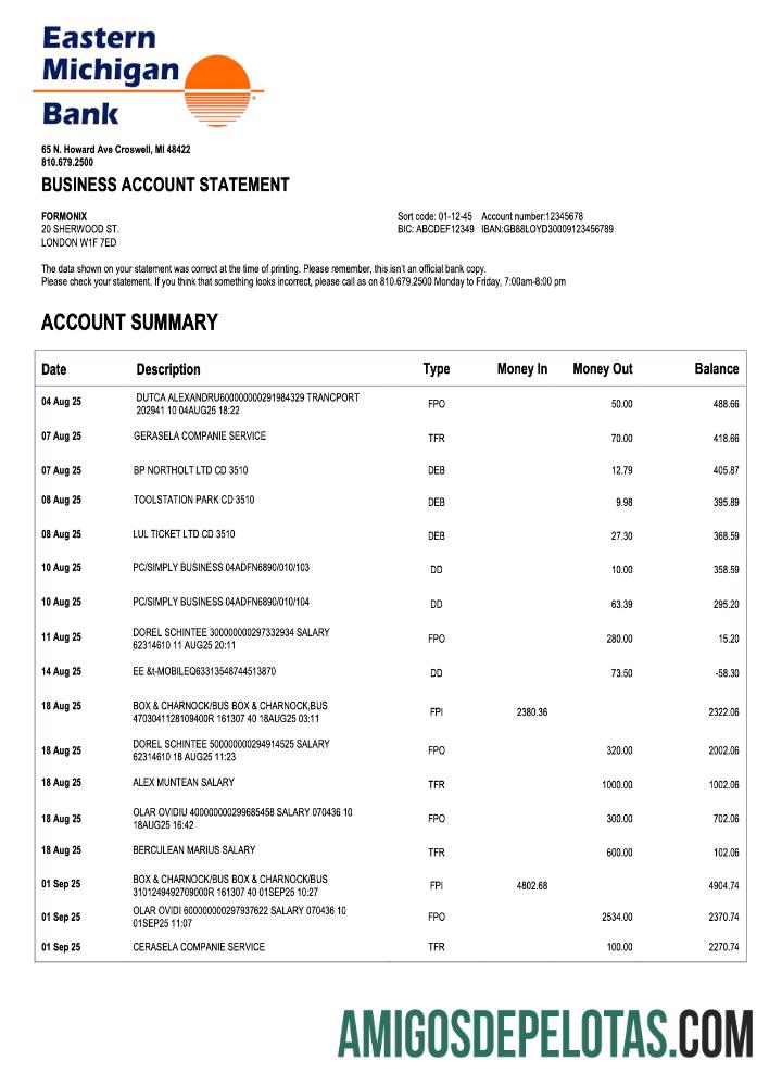 Realista US Eastern Michigan Organization Checking modelo de extrato de conta Word e PDF